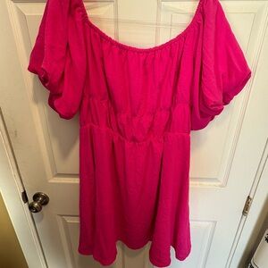 Bright Hot Pink Off-Shoulder Babydoll Dress